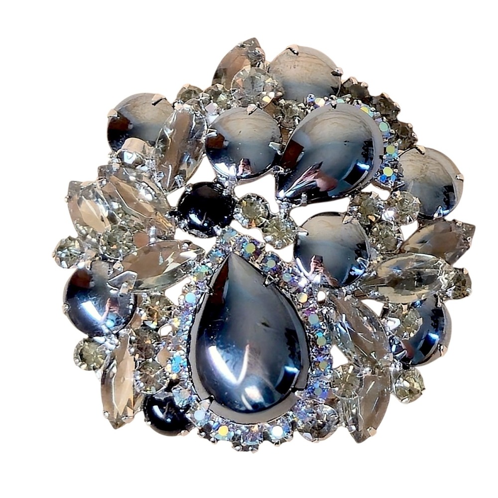 Vtg Juliana D&E Hematite AB Smoky Glass Cabochon Rhinestone Brooch IIJJ-004669